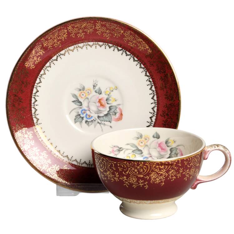 Tudor Rose (Floral Center, Maroon Rim) Footed Cup & Saucer Set
