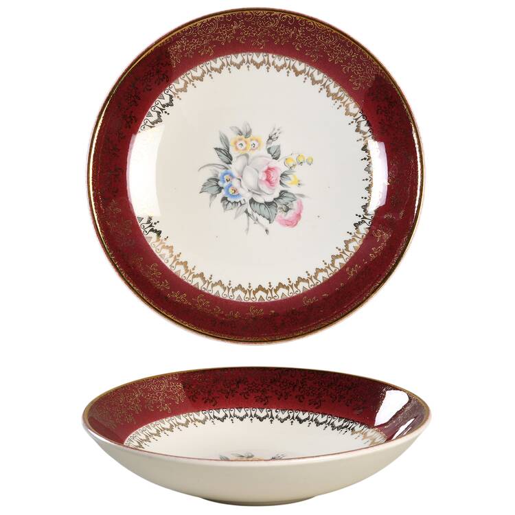 Tudor Rose (Floral Center, Maroon Rim) Fruit/Dessert (Sauce) Bowl by Georgian China