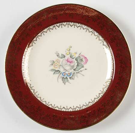 Tudor Rose (Floral Center, Maroon Rim) Bread & Butter Plate
