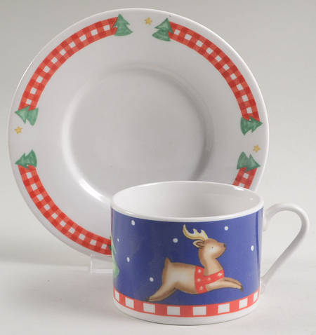 Gingham Santa Flat Cup & Saucer Set