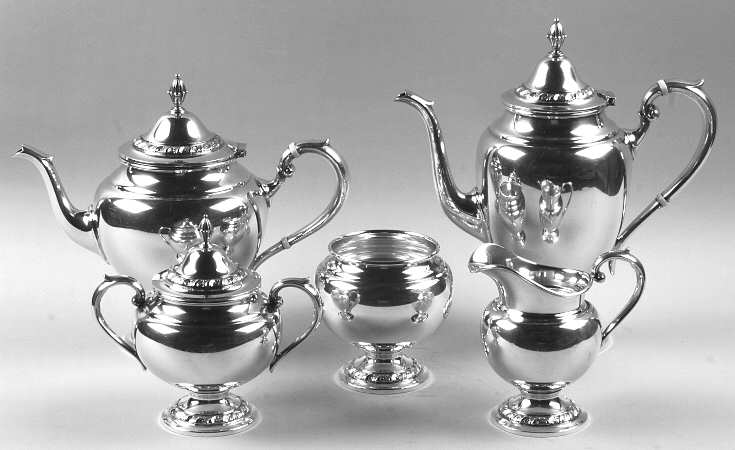 1091 (Sterling, Hollowware) 5 Piece Tea Set (SCP, STP, SCR, SSU, SWB)