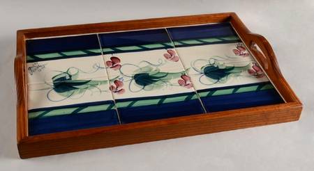 Grapevine Green Rectangular Wood Tray with Tile Insert