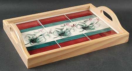 Red Grapevine Rectangular Wood Tray with Tile Insert