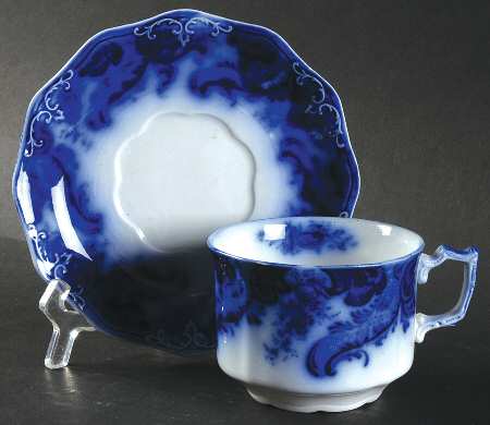 Argyle (Flow Blue, No Gold) Flat Cup & Saucer Set
