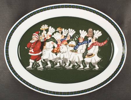 Skating Chefs (Green Tartan Band) 15" Oval Serving Platter