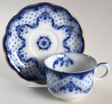 Keele (Flow Blue, Gold Accent) Flat Cup & Saucer Set
