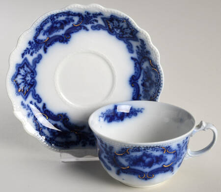 Alaska (Flow Blue, No Gold Ring) Flat Cup & Saucer Set by Grindley