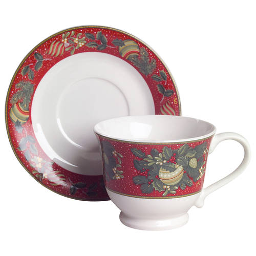 Boughs of Holly Footed Cup & Saucer Set