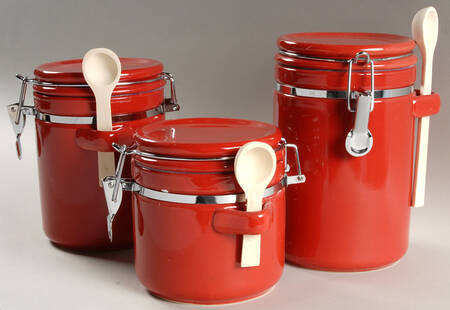 Sensations II Red Hinged Lid Canister - Set of 3 with/Wood Spoons
