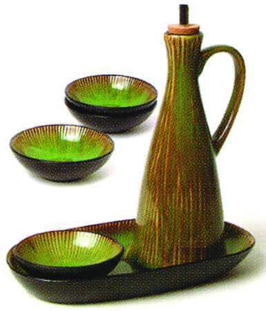 South Seas Green Oil Jar/Drizzler with 4 Dipping Bowls & Tray