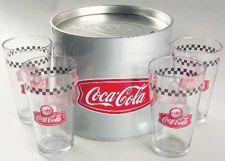 Coca Cola Town Square 4 Pc Tumbler Set W/Tin Penny Bank