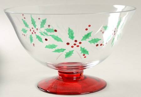 Festive Holly 8" Footed Glassware Bowl