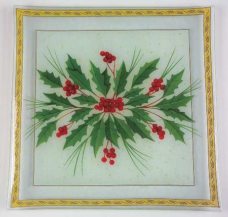 Festive Holly 14" Glassware Square Platter