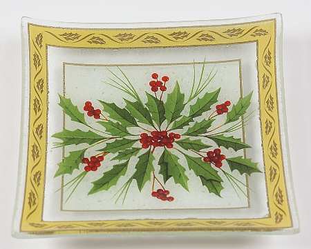 Festive Holly Square Glass Candy Dish
