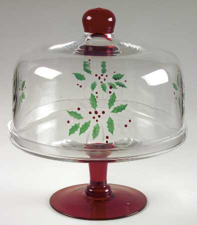 Festive Holly Glassware Cake Stand with Dome