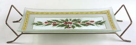 Festive Holly 12" Glassware Rectangular Platter W/Rack