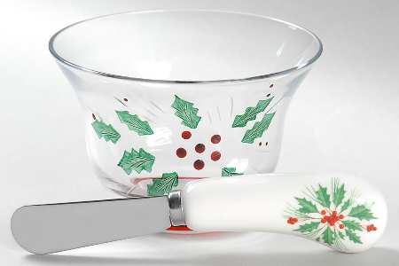 Festive Holly Glassware Dip Bowl & China Handle Spreader