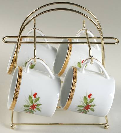 Festive Holly Mug Set-4 Mugs & Metal Holder
