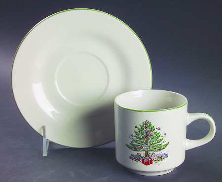 Christmas Tree Cream (Trim on Edge Housewares) Flat Cup & Saucer Set