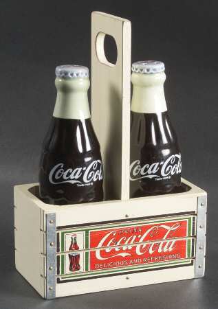 Coca Cola Figural Salt and Pepper Tray Set