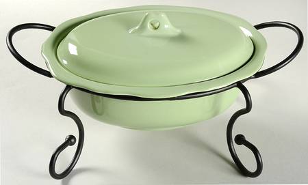 Hospitality Sage 1.5 Quart Oval Covered Casserole & Metal Stand