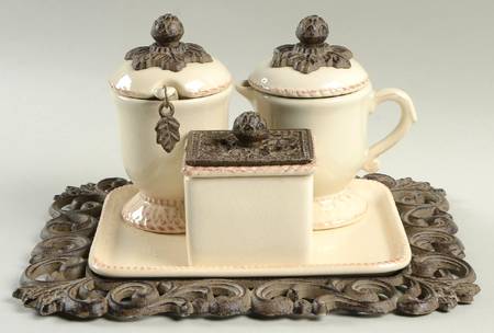 Cream 9pc Creamer, Sugar,Sweetener,Ceramic & Metal Trays