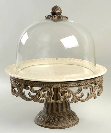 Cream Cake Plate with Metal Pedestal & Glass Dome