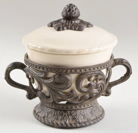 Cream Covered Soup Bowl w/Metal Stand