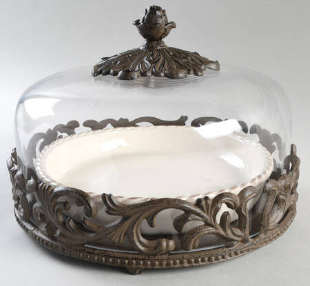 Cream Pie Serving Plate with Glass Dome & Metal Stand