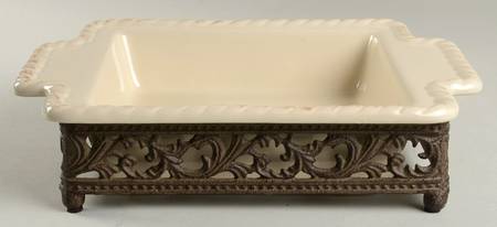 Cream 10" Square Baker & Metal Stand