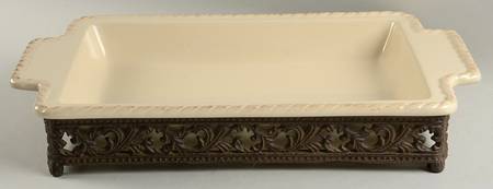 Cream 18" Rectangular Baker W/Metal Stand