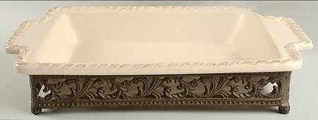 Cream 17" Rectangular Baker W/Metal Stand