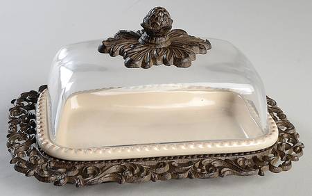 Cream (3 Pc) Rectangular Butter W/Glass Lid & Metal Tray