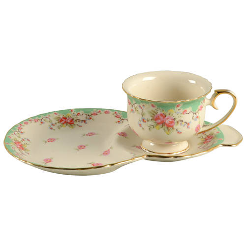 Green Vintage Rose Dessert Plate & Cup Set