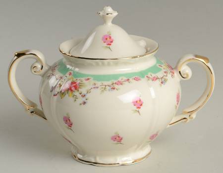 Green Vintage Rose Sugar Bowl & Lid