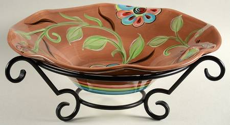 Cottage Garden 15" Round Serving Bowl & Metal Stand by Gail Pittman