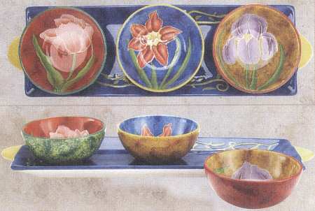 Flower Tableware Condiment Set - Set of 3 Motif Bowls with Tray