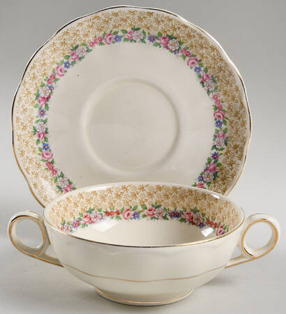 Pompadour Footed Cream Soup Bowl & Saucer Set