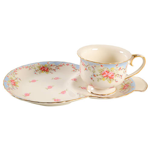Blue Vintage Rose Dessert Plate & Cup Set