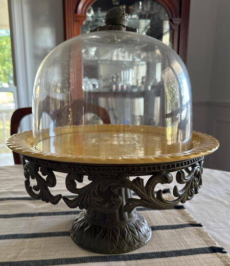 Yellow Cake Plate with Metal Pedestal & Glass Dome