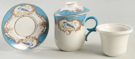 Birds Peacock Blue Mug W/Lid, Saucer & Infuser Set