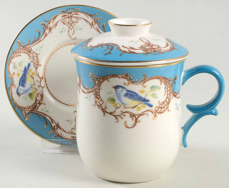 Birds Peacock Blue Mug with Lid & Saucer