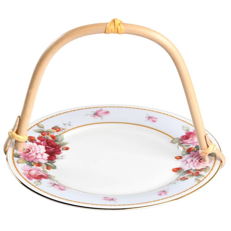 Peony and Strawberry Blue 5 3/8"-5 5/8" Bamboo Handled Serving Plate  HC