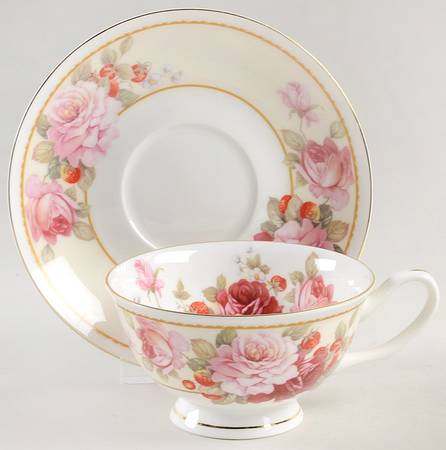 Peony and Strawberry Cream Footed Cup & Saucer Set by Gracie Bone China