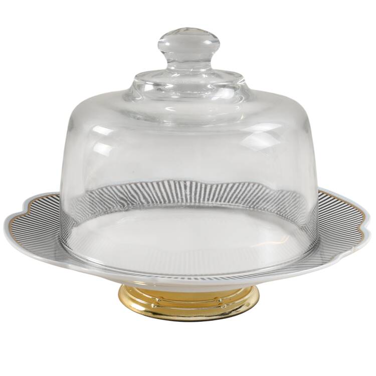 Scallop Navy 6 1/2"-7 1/2" Footed Cheese Plate w/ Glass Dome HC