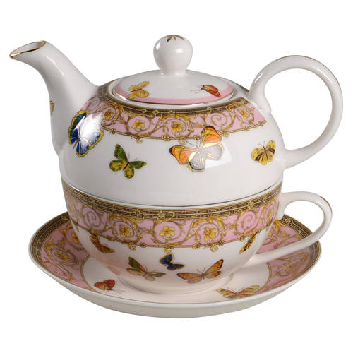 Pink Butterfly Individual Teapot & Lid with Cup & Saucer