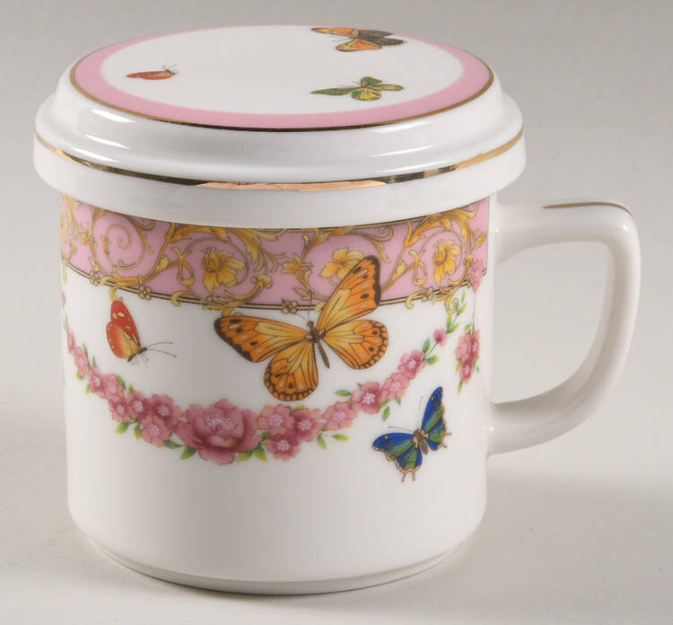 Pink Butterfly Mug & Lid w/Tea Strainer Set