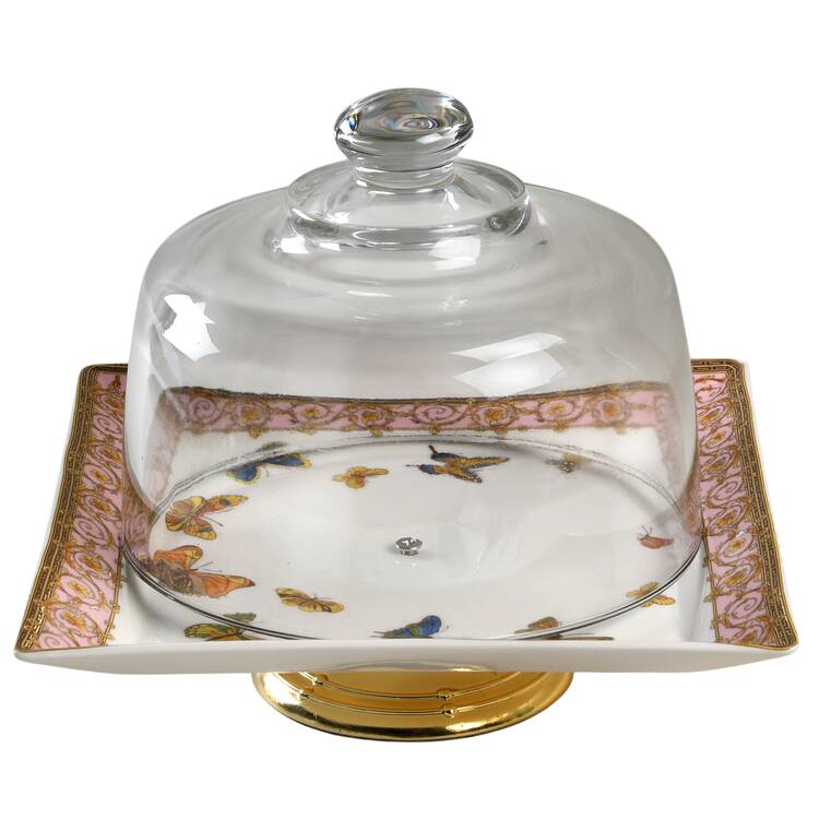 Pink Butterfly 6 1/2"-7 1/2" Footed Cheese Plate w/ Glass Dome HC