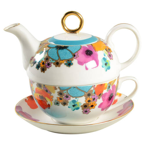 Multi Poppy Individual Teapot & Lid with Cup & Saucer