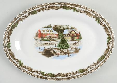 Christmas Toile 12" Oval Serving Platter
